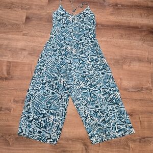 Marnie West Vintage 80s 90s Elegant Teal Retro Patterned Jumpsuit Lace Up Back